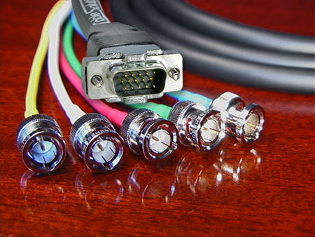 Canare V5-1.5C Jacketed Video Breakout Cable - Pro Series, 5-channel cable, shown here with VGA-male and 
						BNC-male connectors